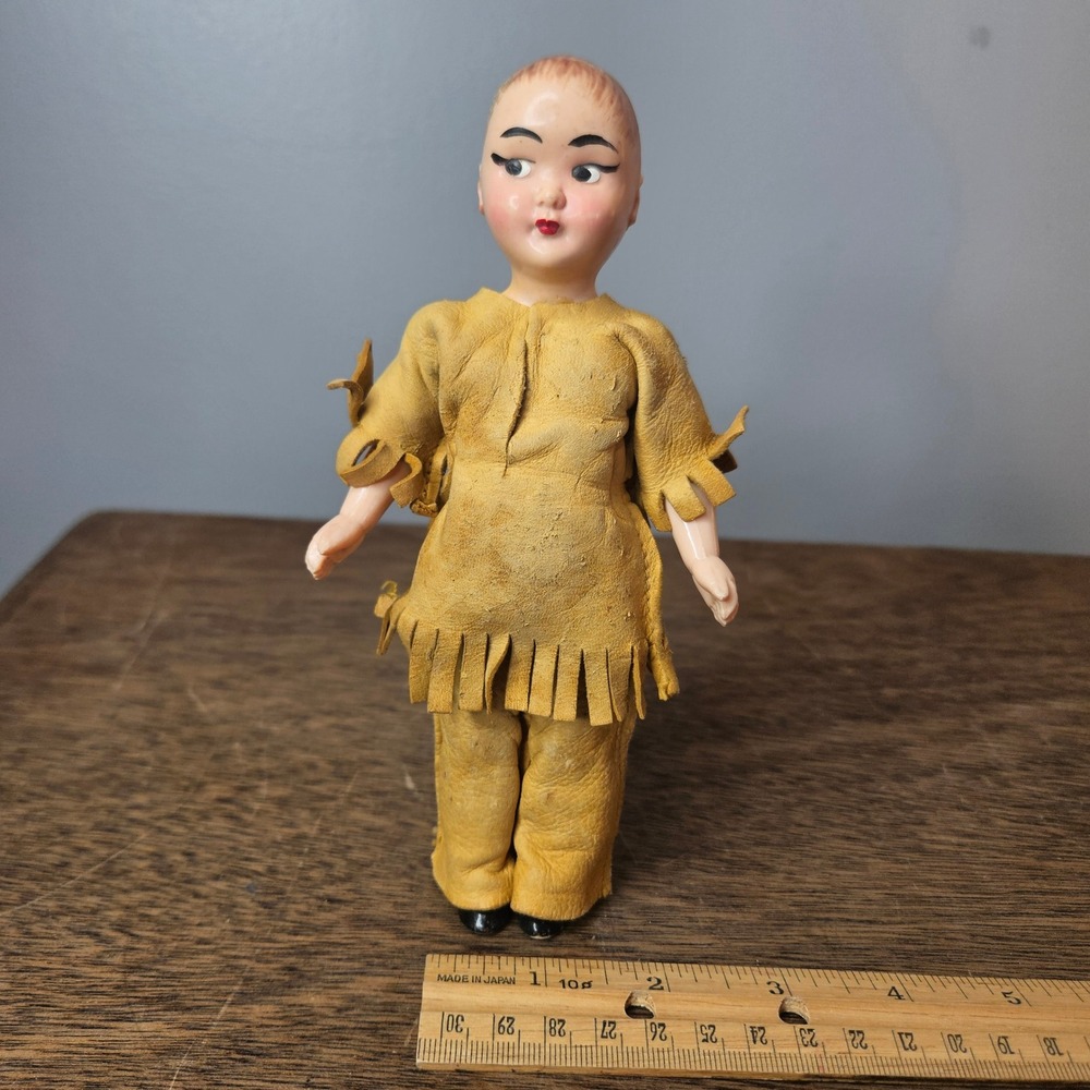Vintage Mid Century Native American Style Hard Plastic Doll Fringed Leather 7.5"